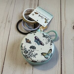 McKenzie Childs seafoam green Butterfly Print Round tin with Pastel Hair Ties